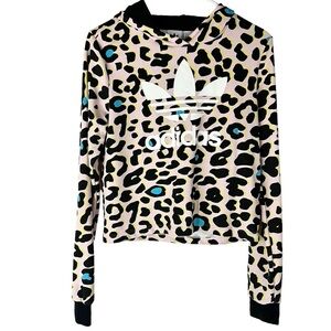 Adidas Originals Girl's Long Sleeve Leopard Print Hooded Pink Sweatshirt